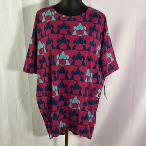 NWT LuLaRoe Raspberry & Blue Geometric Minnie Mouse Print Irma Tunic Top